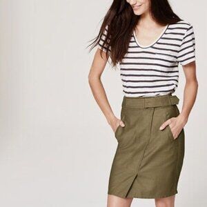 Loft Army Green Sateen Utility Skirt Belted Pencil 100% Cotton EUC Women's 0